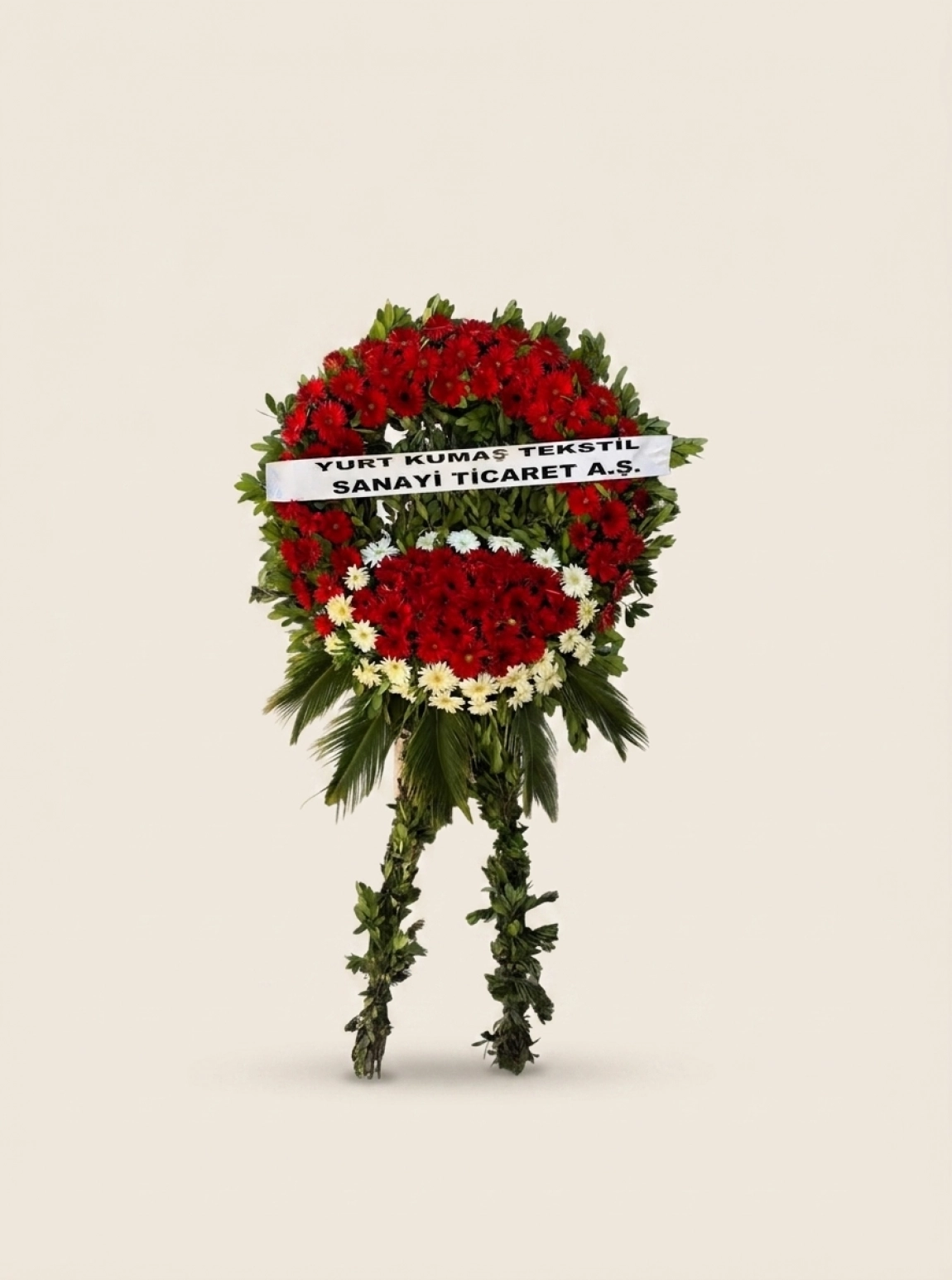 Kırmızı Tül Süslemeli Çiftli Beyaz Gerbera Ve Lilyum Çelenk