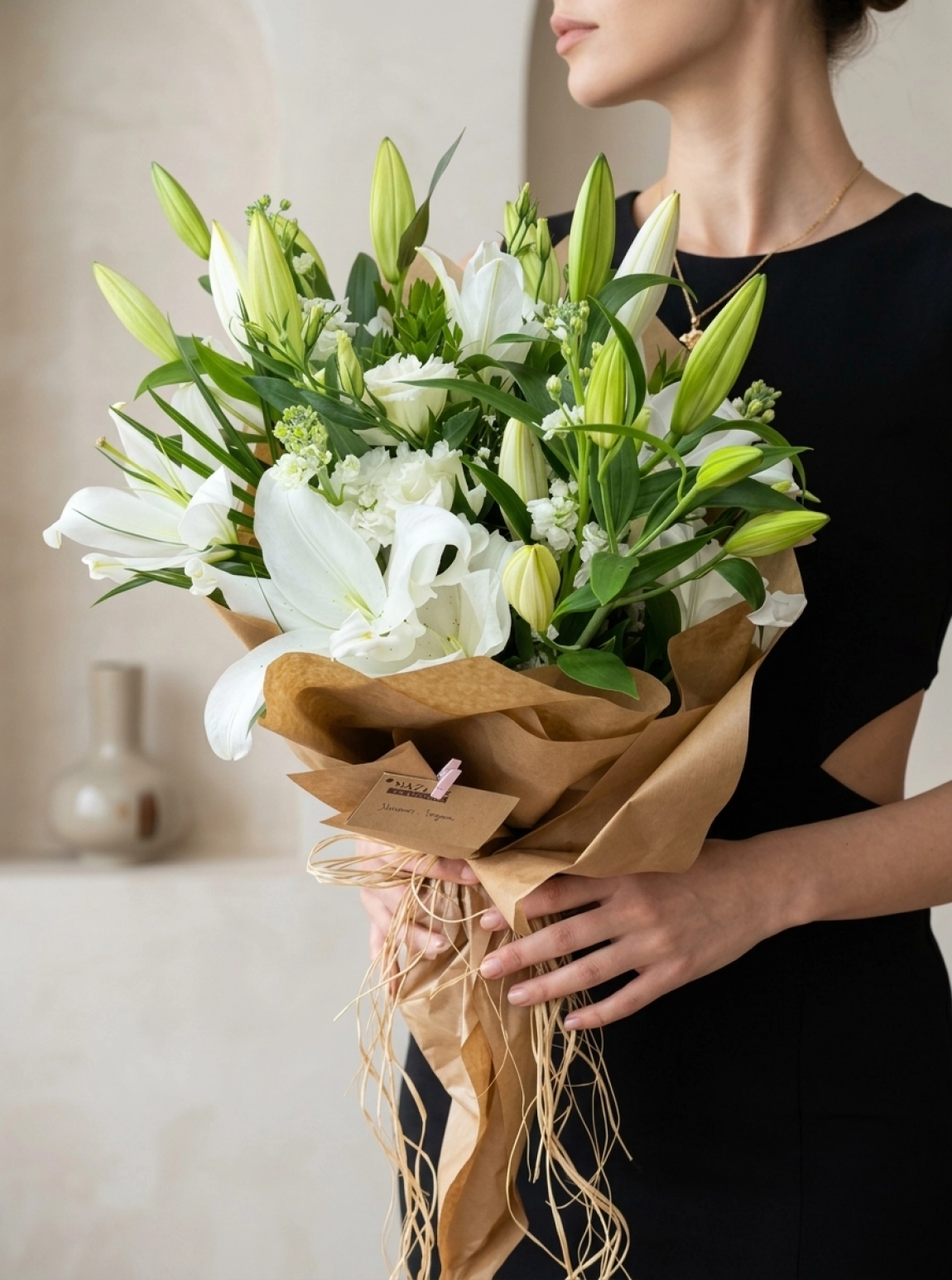 Kraft Kağıt Sarımlı Beyaz Kazablanka Lilium Ve Mevsim Çiçekleri Buketi