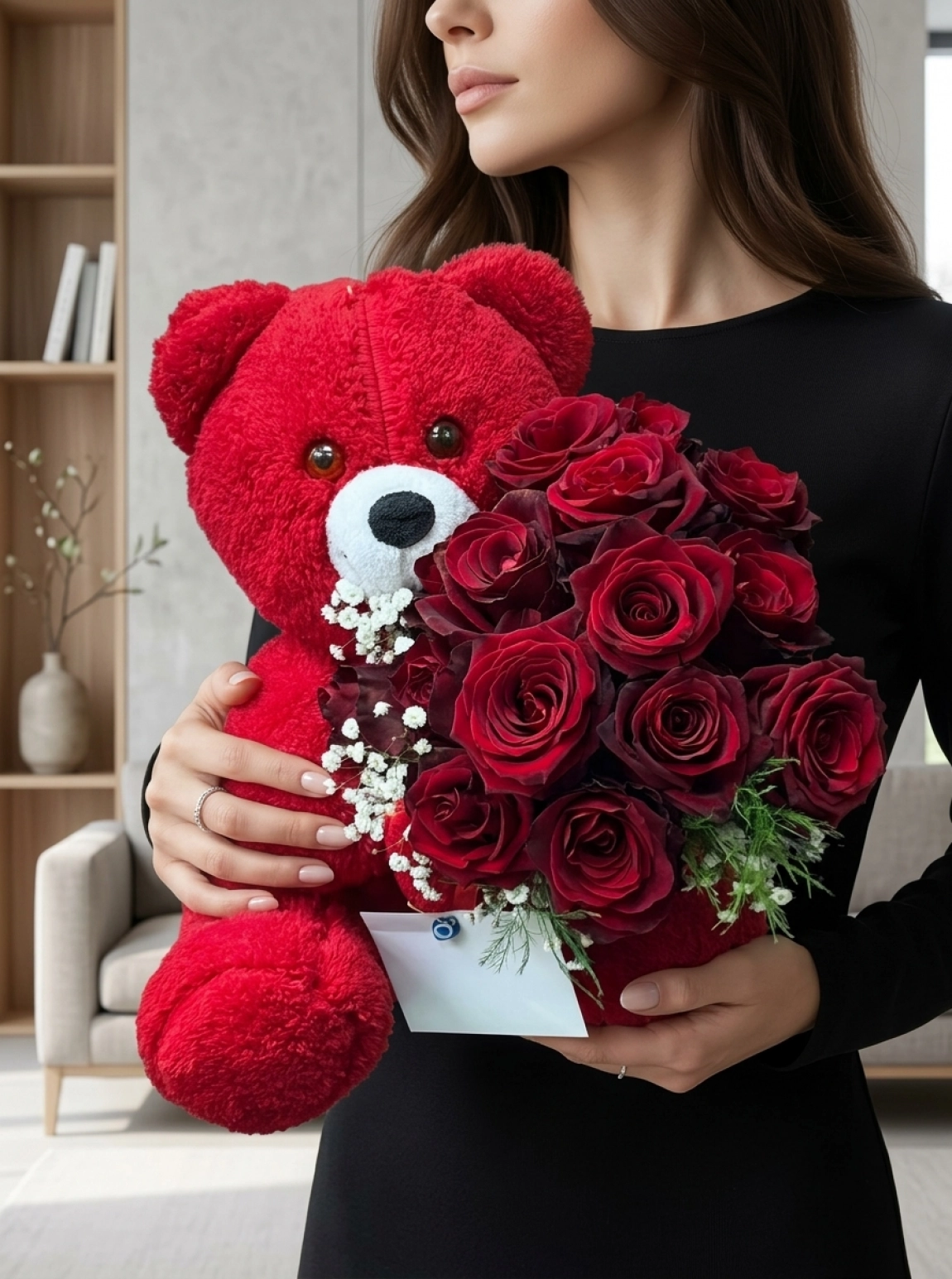 Sevimli Kırmızı Peluş Ayıcıklı Kırmızı Gül Aranjmanı