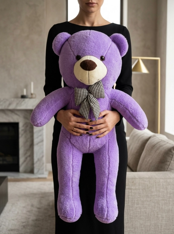 Büyük Boy Ekose Papyonlu Peluş Mor Ayıcık