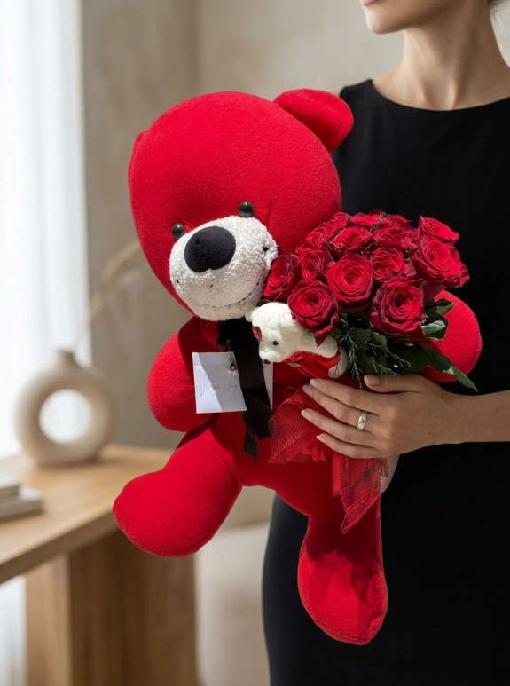 Büyük Boy Kırmızı Peluş Ayıcıklı Kırmızı Gül Buketi