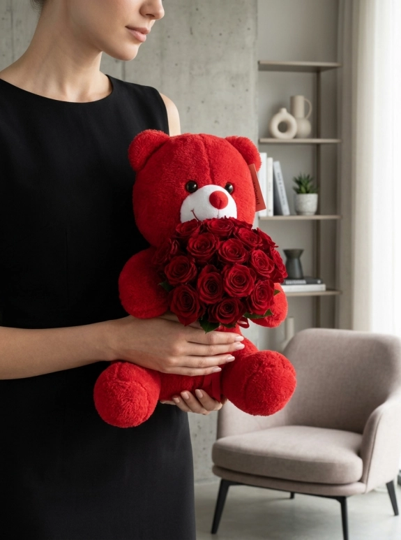 Büyük Boy Kırmızı Peluş Ayıcıklı Taze Kırmızı Gül Buketi