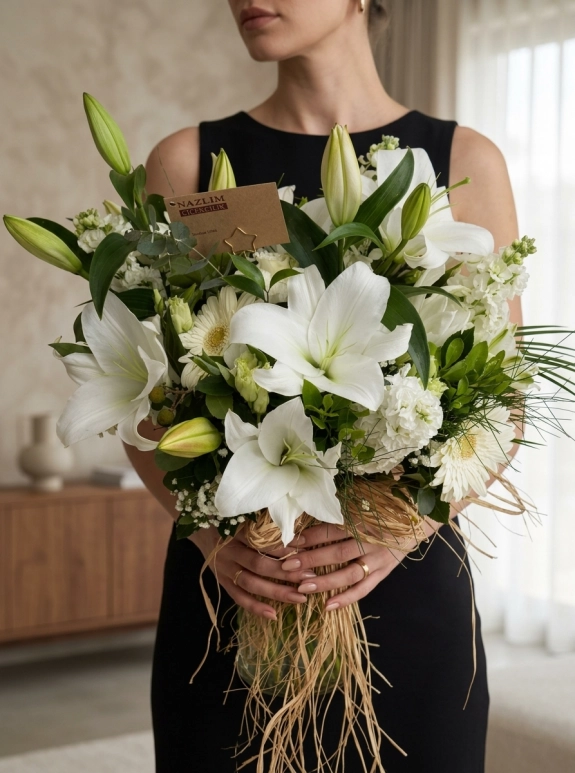 Cam Vazoda Beyaz Kazablanka Lilium Ve Gerbera Aranjmanı
