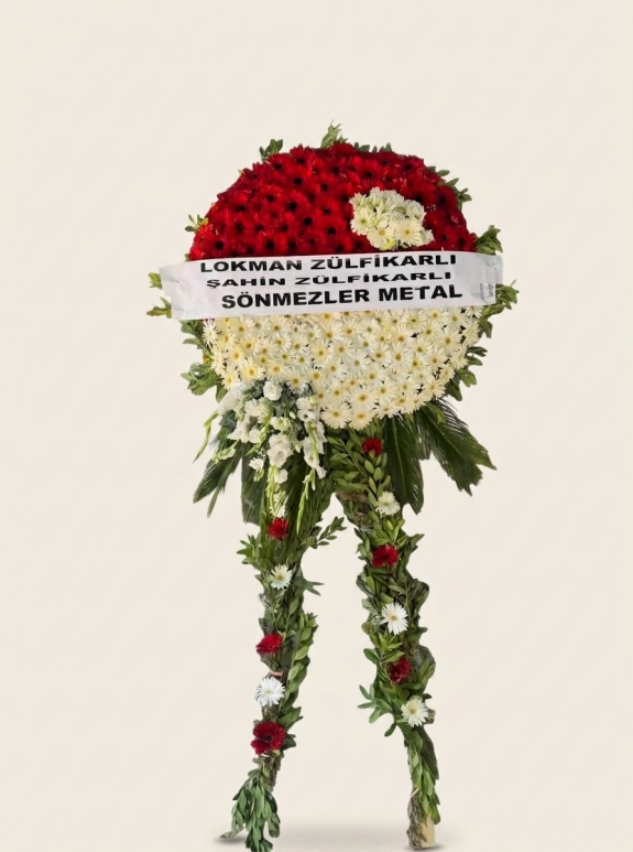 Kırmızı Ve Beyaz Gerbera Çiçeklerinden Tasarlanmış Çift Ayaklı Merasim Çelengi