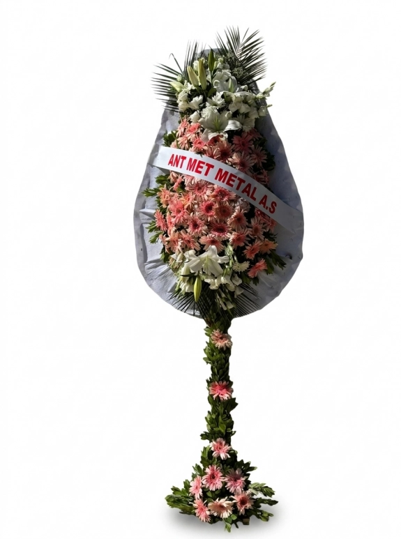 Pembe Gerbera Ve Beyaz Lilium Tasarımlı Tek Ayaklı Merasim Çelengi