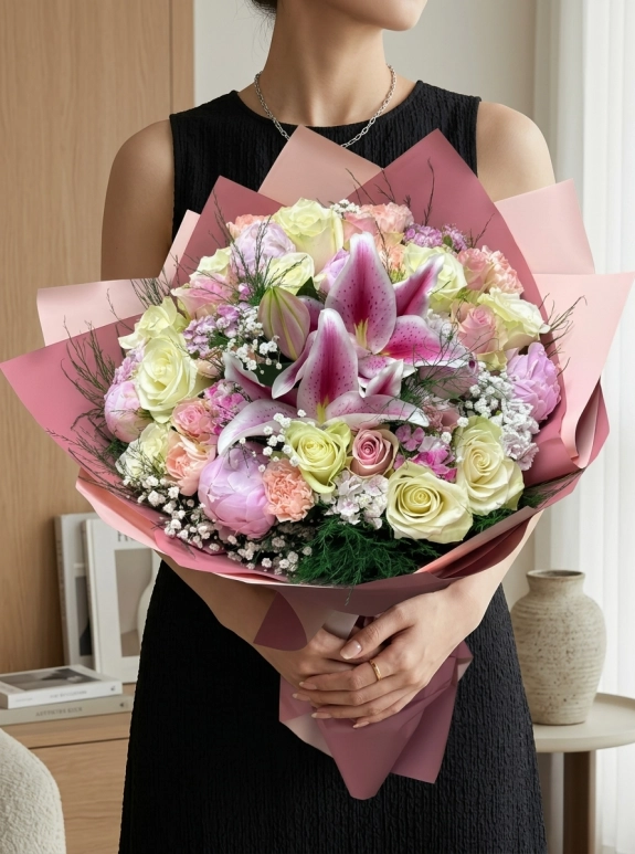Pembe Lilyum Ve Beyaz Güllerle Hazırlanmış Şık Tasarım Buket