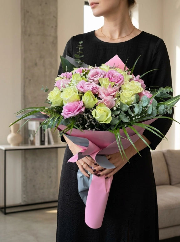 Pembe Lisianthus Ve Sarı Gül Tasarımlı Büyük Boy Buket