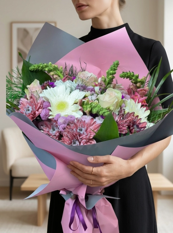Pembe Ve Gri Ambalajda Beyaz Gerbera Ve Karışık Kır Çiçekleri Buketi