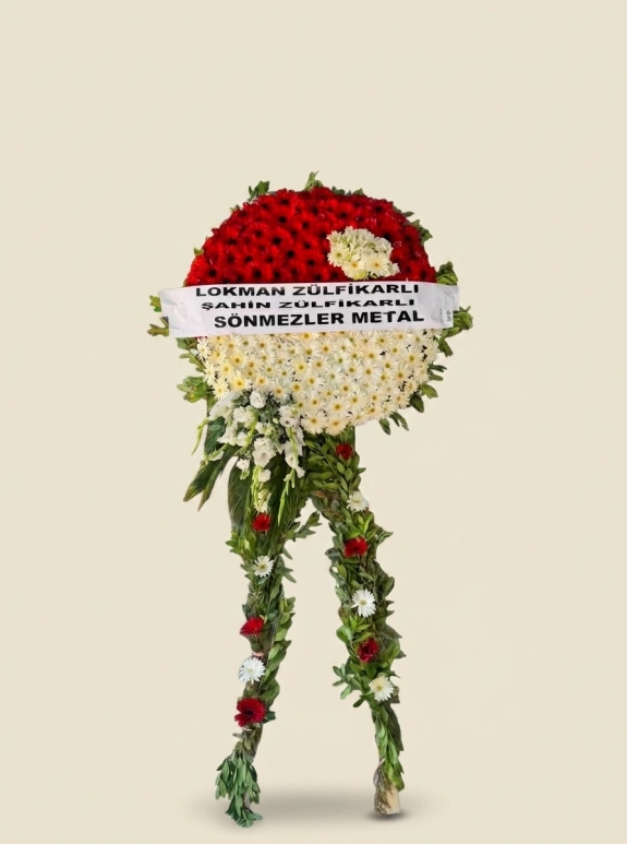 Üç Katlı Kırmızı Ve Beyaz Gerbera Tasarımlı Tören Çelengi